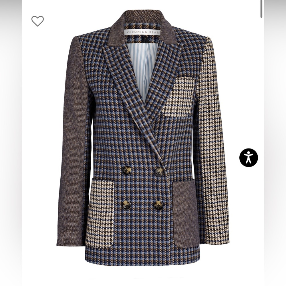 Veronica Beard Patchwork Houndstooth Wool Blend Blazer in Blue, Brown, Cream